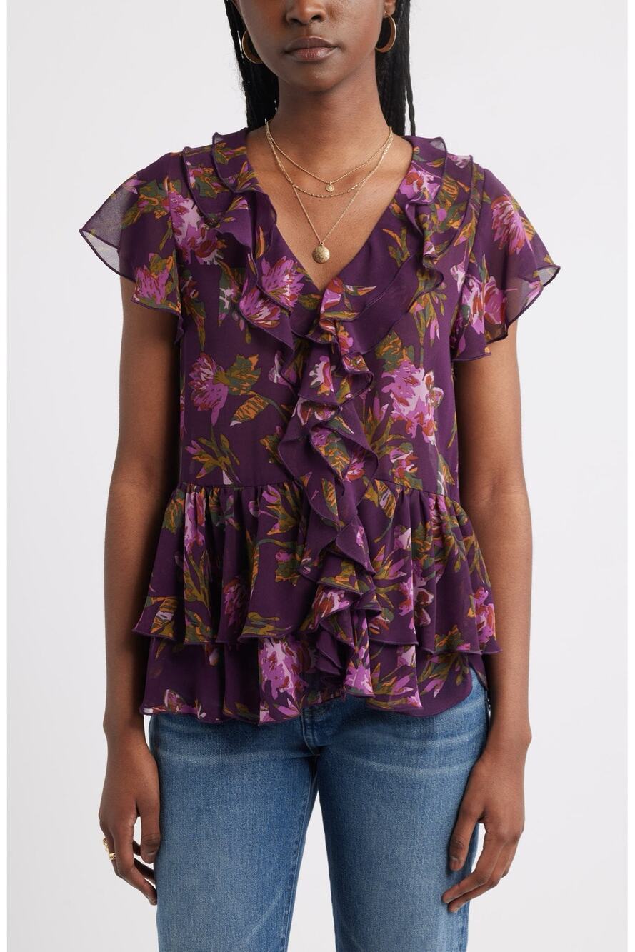 Treasure & Bond Blouse Ruffle Chiffon Top Women’s Large Purple Floral V-Neck NEW